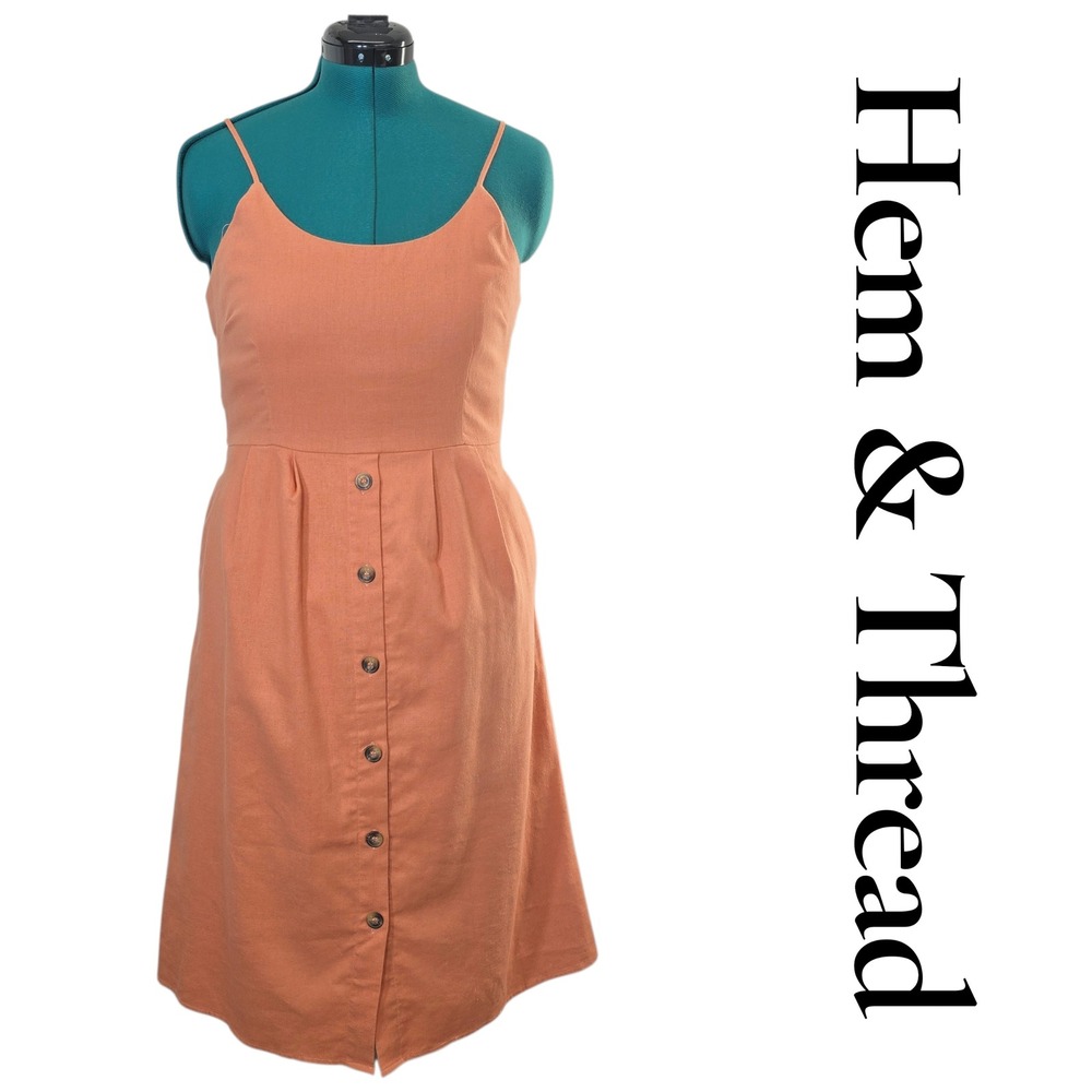 Hem & Thread Orange 2 Tie Back Button Front Midi Dress Linen‎ Blend Size Large